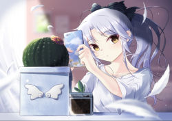 Rule 34 | 1girl, angel beats!, black bow, bow, brown eyes, collarbone, falling feathers, feathers, floating hair, hair bow, head tilt, holding, holding phone, indoors, long hair, phone, plant, ponytail, shirt, short sleeves, silver hair, solo, tagame (tagamecat), taking picture, tenshi (angel beats!), upper body, white feathers, white shirt