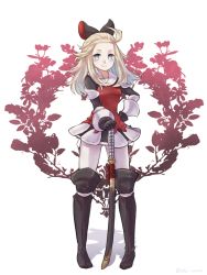 Rule 34 | 1girl, abi mmo, blonde hair, blue eyes, bow, bravely default (series), breasts, closed mouth, edea lee, gloves, hair bow, long hair, looking at viewer, smile, solo, sword, twitter username, weapon