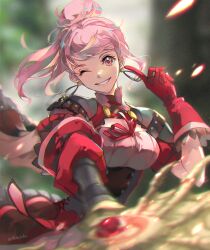 Rule 34 | 1girl, alternate costume, alternate hairstyle, armor, armored dress, axe, breasts, commentary, dress, earrings, female focus, fire emblem, fire emblem: three houses, fire emblem warriors: three hopes, floating hair, gloves, grin, hair bun, highres, hilda valentine goneril, holding, holding axe, holding weapon, hoop earrings, index finger raised, jewelry, lips, looking at viewer, matching hair/eyes, medium breasts, nintendo, official alternate costume, official alternate hairstyle, one eye closed, pink dress, pink eyes, pink hair, pink lips, red gloves, shiroi (shiroicbe), short hair, shoulder armor, smile, solo, teeth, twitter username, upper body, weapon, wink
