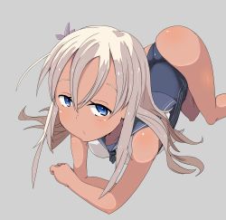 Rule 34 | 10s, 1girl, ass, bare shoulders, blonde hair, blue eyes, collarbone, crop top, flower, grey background, hair flower, hair ornament, highres, kantai collection, kawa mura, long hair, looking at viewer, lying, one-piece swimsuit, one-piece tan, ro-500 (kancolle), sailor collar, school swimsuit, simple background, solo, swimsuit, swimsuit under clothes, tan, tanline, top-down bottom-up