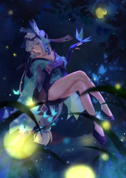 Rule 34 | 1girl, aoandon, asanogawa (tutufcc), ass, bare shoulders, blue eyes, blue lips, blunt bangs, breasts, bug, butterfly, cleavage, crossed legs, fireflies, floating, gloves, hair ornament, highres, insect, japanese clothes, legs, lipstick, long hair, looking at viewer, low-tied long hair, makeup, md5 mismatch, medium breasts, miniskirt, night, off shoulder, onmyoji, partially fingerless gloves, platform footwear, pleated skirt, sitting, skirt, smile, solo, very long hair, white hair