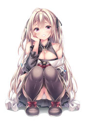 Rule 34 | 1girl, black thighhighs, blonde hair, blush, boots, bow, breasts, cleavage, cleavage cutout, clothing cutout, comiket 103, commentary request, cross, dress, facing viewer, footwear bow, full body, grin, hair ribbon, hand on own cheek, hand on own face, highres, long hair, medium breasts, messy hair, off-shoulder dress, off shoulder, original, panties, pantyshot, red eyes, ribbon, ryo (botugo), simple background, smile, squatting, teeth, thighhighs, thighs, underwear, very long hair, white background, white panties