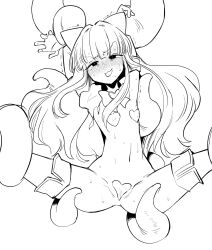 Rule 34 | 1girl, arms up, bdsm, blunt bangs, blush, boots, bound, bound arms, bound legs, bow, bowtie, breasts, brooch, covered erect nipples, covered pussy, hair ribbon, heart, heart brooch, heart maebari, heart pasties, highres, hime cut, humiliation, jewelry, lineart, long hair, looking at viewer, maebari, magia sulfur, magical girl, mahou shoujo ni akogarete, monochrome, navel, nervous smile, open mouth, pasties, restrained, revealing clothes, ribbon, sakifox, sexual harassment, sidelocks, small breasts, smile, solo, spread legs, sweat, tenkawa kaoruko, tentacles, thigh boots, torn clothes, translation request, trembling, v-shaped eyebrows, v legs