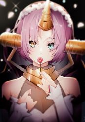 Rule 34 | 1girl, absurdres, bare shoulders, blue eyes, cleavage, collarbone, commentary request, fate/grand order, fate (series), flower, frankenstein&#039;s monster (fate), heterochromia, highres, holding, holding flower, horns, looking at viewer, pink hair, see-through, see-through cleavage, short hair, single horn, skoll world, solo, upper body, white sleeves, yellow eyes