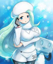 Rule 34 | 1girl, aqua nails, arm under breasts, bird, blonde hair, blue eyes, breasts, creatures (company), eiscue, fur collar, fur hat, fur trim, game freak, gen 8 pokemon, hat, highres, large breasts, long hair, long sleeves, mature female, melony (pokemon), multicolored hair, nintendo, pantyhose, pantyhose under shorts, penguin, pokemon, pokemon (creature), pokemon swsh, roozin, shorts, snowflakes, streaked hair, sweater, ushanka, white shorts, white sweater