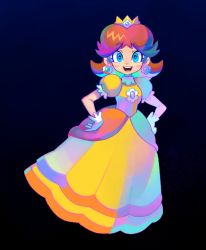 Rule 34 | 1girl, :d, blue eyes, blush, brown hair, commentary, crown, denaseey, dress, earrings, english commentary, flower earrings, full body, gloves, hands on own hips, highres, jewelry, looking at viewer, mario (series), nintendo, open mouth, princess daisy, smile, solo, super mario land, tomboy, white gloves