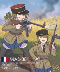 Rule 34 | 2girls, absurdres, aiming, artist name, belt, black headwear, black necktie, black socks, blue eyes, blue skirt, boots, brown belt, brown footwear, brown hair, clenched teeth, collared shirt, commentary, cowboy shot, drill hair, feet out of frame, firing, french army, french flag, french text, gold trim, gun, hair between eyes, hand on own hip, hat, highres, holding, holding gun, holding weapon, jacket, kepi, lapels, legs apart, long sleeves, looking ahead, looking to the side, low twintails, mas-38, military, military hat, military jacket, military uniform, miniskirt, multicolored clothes, multicolored headwear, multiple girls, necktie, nico jiang, notched lapels, one eye closed, open mouth, original, outdoors, pleated skirt, pocket, red headwear, shell casing, shirt, skirt, smoke, socks, soldier, standing, submachine gun, teeth, translated, twintails, uniform, upper teeth only, weapon, weapon name, white shirt, world war ii