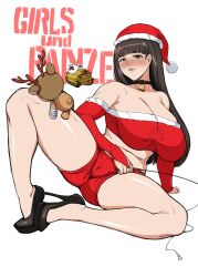 Rule 34 | 1girl, antlers, arm support, bare shoulders, bell, bike shorts, black choker, black eyes, black footwear, black hair, blunt bangs, boko (girls und panzer), breasts, bridal gauntlets, butterfly sitting, choker, christmas, cleavage, commentary, copyright name, cropped shirt, girls und panzer, girls und panzer senshadou daisakusen!, half-closed eyes, hat, high heels, highres, holding, holding whip, horns, huge breasts, leaning to the side, long hair, long sleeves, looking at viewer, mature female, military, military vehicle, motor vehicle, neck bell, nishizumi shiho, niu ju (orange bull), off-shoulder shirt, off shoulder, official alternate costume, parted lips, red hat, red shorts, reindeer antlers, santa costume, santa hat, shirt, short shorts, shorts, sitting, smile, solo, spread legs, straight hair, stuffed animal, stuffed toy, tank, teddy bear, text background, white background