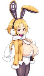 Rule 34 | 1girl, alternate breast size, animal ears, black pantyhose, blonde hair, blush, bow, bowtie, breasts, bright pupils, cleavage, closed mouth, covered navel, disgaea, dot mouth, fake animal ears, fur trim, highres, huge breasts, jacket, leotard, looking at viewer, open clothes, open jacket, oppai loli, pantyhose, playboy bunny, purple eyes, rabbit ears, sawati, scarf, short eyebrows, short hair, simple background, solo, standing, thick eyebrows, usalia (disgaea), white background