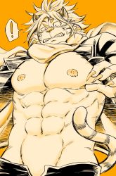 Rule 34 | !, 1boy, abs, animal ears, bara, bare pectorals, blush, draw two, furry, furry male, jacket, large pectorals, male focus, muscular, muscular male, navel, nipples, nomad (housamo), open clothes, open fly, open jacket, orange theme, pectorals, short hair, solo, spoken exclamation mark, stomach, tail, tail raised, tiger boy, tiger ears, tiger tail, tokyo houkago summoners