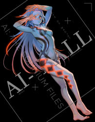Rule 34 | ai: the somnium files, aiba (ai: the somnium files), barefoot, black background, breasts, character name, copyright name, full body, highres, long hair, looking at viewer, navel, qosic, red eyes, see-through, see-through body, silver hair, small breasts, standing, very long hair