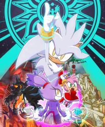 Rule 34 | 2boys, 3girls, amy rose, animal ears, arm up, bare tree, blaze the cat, cat ears, cat tail, chaos emerald, chiba tsukasa, dress, furry, furry female, furry male, gloves, green eyes, hammer, iblis (sonic), looking at viewer, looking back, mephiles the dark, monster, multiple boys, multiple girls, open mouth, princess elise the third, red dress, sonic (series), sonic the hedgehog (2006), statue, tail, toy hammer, tree, white gloves, yellow eyes