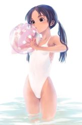 Rule 34 | 1girl, ball, bath, beachball, blue hair, glasses, highleg, highres, kawata hisashi, one-piece swimsuit, standing, swimsuit, tan, twintails, white one-piece swimsuit