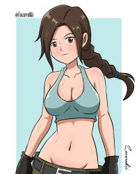 Rule 34 | 1girl, blue tank top, breasts, brown hair, commentary, cosplay, dirty, english commentary, hev suit, highres, holster, jungle, lara croft, lara croft (cosplay), large breasts, long hair, looking at viewer, nature, navel, non-web source, pixiv tomb raider contest, ponytail, shorts, simon (simon the sorcerer), solo, tank top, thigh holster, tomb raider