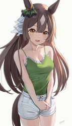 Rule 34 | animal ears, bare arms, blush, breasts, brown eyes, brown hair, camisole, cleavage, collarbone, commentary request, denim, denim shorts, green camisole, grey background, hair ribbon, highres, horse ears, horse girl, horse tail, long hair, looking at viewer, may9, medium breasts, open mouth, own hands clasped, own hands together, ribbon, satono diamond (umamusume), shorts, signature, simple background, smile, standing, tail, thighs, umamusume