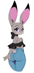 Rule 34 | 1girl, absurdres, animal ears, ass, rabbit, closed mouth, disney, eric lowery, eyebrows, fur, highres, judy hopps, looking back, pants, purple eyes, simple background, smile, solo, white background, zootopia
