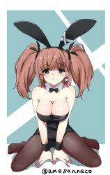 Rule 34 | 1girl, absurdres, ame-rain, animal ears, atlanta (kancolle), bare shoulders, black leotard, black pantyhose, blue background, blush, bow, bowtie, breasts, brown hair, cleavage, covered navel, detached collar, earrings, fake animal ears, grey eyes, highleg, highleg leotard, highres, jewelry, kantai collection, large breasts, leotard, long hair, pantyhose, playboy bunny, rabbit ears, sitting, smile, solo, star (symbol), star earrings, strapless, strapless leotard, traditional bowtie, twitter username, two side up, wariza, white background, wrist cuffs