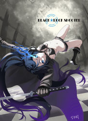 Rule 34 | 10s, 1girl, belt, bikini, bikini top only, black hair, black rock shooter, black rock shooter (character), blue eyes, boots, checkered floor, fkey, front-tie top, glowing, glowing eye, glowing eyes, highres, long hair, looking at viewer, midriff, navel, scar, short shorts, shorts, signature, solo, swimsuit, sword, twintails, upside-down, weapon