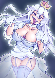 Rule 34 | 1girl, absurdres, arm up, blush, boo (mario), breasts, cleavage, cleavage cutout, clothing cutout, collar, colored tongue, crown, curvy, dress, frilled collar, frilled dress, frilled gloves, frills, genderswap, genderswap (mtf), ghost, ghost pose, gloves, hand up, hands up, highres, large breasts, long tongue, looking at viewer, luigi&#039;s mansion, mario (series), mini crown, new super mario bros. u deluxe, nintendo, open mouth, panties, pantyshot, princess king boo, purple eyes, purple tongue, see-through, sharp teeth, simple background, smile, solo, solo focus, standing, super crown, teeth, thighhighs, tilted headwear, togin, tongue, tongue out, transparent, underwear, white background, white dress, white gloves, white hair, white panties