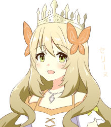 Rule 34 | 1girl, :d, blonde hair, butterfly hair ornament, celine (fire emblem), crown, dress, fire emblem, fire emblem engage, green eyes, hair ornament, highres, jewelry, kyousuke (orcein), long hair, looking at viewer, necklace, nintendo, official alternate costume, one-hour drawing challenge, open mouth, smile, solo, upper body, white background, white dress