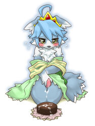 Rule 34 | 1boy, ahoge, animal ears, animal nose, animal penis, bare shoulders, blue fur, blue hair, blue outline, body fur, cake, clothes lift, cum, cum on food, cum on legs, cum on self, dress, dress lift, embarrassed, erection, flying sweatdrops, food, full body, furry, furry male, gem, green dress, green eyes, kame (3t), kneeling, lifting own clothes, looking at viewer, male focus, male masturbation, masturbation, neck fur, off shoulder, original, outline, penis, raised eyebrows, red gemstone, seiza, short hair, sidelocks, simple background, sitting, solo, straight-on, tail, tears, thick eyebrows, thighs, tiara, trap, two-tone fur, white background, white fur, wolf boy, wolf ears, wolf tail, yellow headwear