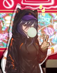 Rule 34 | 1girl, animal ear hood, annie (annhoyyy), black hair, brown eyes, blowing bubbles, casual, chewing gum, duel monster, fake animal ears, hand up, hat under hood, highres, hood, hoodie, i:p masquerena, mechanical tail, official alternate costume, one eye closed, solo, tail, v, yu-gi-oh!