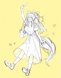 Rule 34 | animal ear fluff, animal ears, arknights, bag, blemishine (arknights), breasts, co co dayo, dress, extra ears, handbag, highres, horse ears, horse girl, horse tail, medium breasts, monochrome, ponytail, shoes, short sleeves, sketch, socks, tail, yellow background
