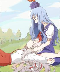 Rule 34 | 2girls, blue dress, blue hair, blue sky, bow, closed eyes, closed mouth, cloud, dress, from side, fujiwara no mokou, grey hair, hair bow, kamishirasawa keine, long hair, looking at another, lying, multiple bows, multiple girls, neckerchief, on back, open mouth, outdoors, red eyes, red neckerchief, sasaki sakiko, shirt, sitting, sky, smile, suspenders, touhou, white shirt