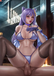 Rule 34 | 1boy, 1girl, alexander dinh, bikini, black thighhighs, breasts, censored, choker, cleavage, collarbone, cone hair bun, detached sleeves, genshin impact, gloves, hair bun, hair ears, hair ornament, head out of frame, hetero, highres, keqing (genshin impact), large breasts, lips, long hair, looking at viewer, mole, mole on breast, mosaic censoring, navel, parted lips, penis, purple bikini, purple choker, purple eyes, purple gloves, purple hair, pussy, pussy juice, sex, sitting, sitting on person, swimsuit, testicles, thighhighs, vaginal, veins, veiny penis