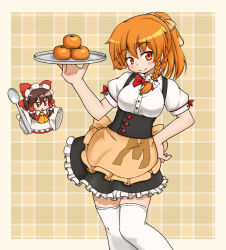 Rule 34 | 2girls, adapted costume, alternate hairstyle, apron, azusa (cookie), black skirt, blush, bow, bowtie, braid, breasts, brown apron, brown hair, buttons, closed mouth, commentary request, cookie (touhou), detached sleeves, dress, feet out of frame, food, frilled hair tubes, frilled skirt, frills, fruit, full body, hair between eyes, hair bow, hair tubes, hakurei reimu, hand on own hip, holding, holding tray, kirisame marisa, knb (nicoseiga53198051), long hair, looking at viewer, mandarin orange, medium breasts, mini person, minigirl, miniskirt, multiple girls, open mouth, orange bow, orange eyes, orange hair, ponytail, red bow, red bowtie, red dress, red eyes, sakenomi (cookie), side braid, sidelocks, single braid, skirt, smile, thighhighs, touhou, tray, triangle mouth, waist apron, white sleeves, white thighhighs