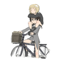 Rule 34 | 2girls, :|, bag, bare legs, basket, bicycle, black footwear, blonde hair, brown hair, carrying, closed mouth, crossed arms, erica hartmann, food, gertrud barkhorn, grey jacket, jacket, jitome, long sleeves, military, military uniform, multiple girls, no pants, no socks, object on head, panties, panties on head, paper bag, potato, riding, shoes, shoulder carry, sitting, sitting on person, strike witches, tabigarasu, underwear, uniform, white background, white panties, world witches series
