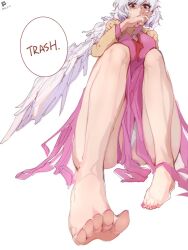 1girl artist_name assertive_female bare_legs breasts chinese_commentary collared_shirt commentary commentary_request dated disappointed disgust english_text expressionless feathered_wings feet foreshortening from_below hair_between_eyes hand_to_own_mouth highres jacket kishin_sagume knees knees_up large_breasts legs long_sleeves looking_at_viewer looking_down nail_polish nose panties pantyshot pink_nails shaded_face shirt short_hair single_wing sitting skirt soles solo speech_bubble toenails toes touhou underwear white_background white_panties white_wings wings zhenhong
