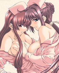 Rule 34 | 00s, 2girls, bare shoulders, blush, grabbing another&#039;s breast, breasts, brown eyes, clenched teeth, grabbing, green eyes, hat, kazama mana, long hair, multiple girls, nanase ren, naughty face, nurse, open clothes, open mouth, red hair, shy, sideboob, smile, teeth, undressing, yakin byoutou, yuri