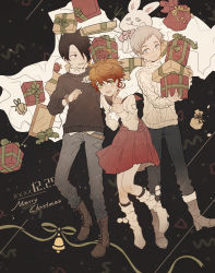 Rule 34 | 18 (backstreetno18), 1girl, 2boys, ahoge, bell, black background, black eyes, black hair, black shirt, blue eyes, blush, boots, box, brown footwear, christmas, christmas ornaments, closed mouth, collar, commentary request, dated, emma (yakusoku no neverland), english text, full body, gift, gift box, green eyes, grey hair, grey pants, hair between eyes, hair over one eye, holding, holding gift, leather, leather boots, long sleeves, looking at viewer, looking up, merry christmas, multiple boys, neck tattoo, norman (yakusoku no neverland), number tattoo, open mouth, orange hair, pants, ray (yakusoku no neverland), red skirt, shirt, shoelaces, short hair, simple background, skirt, smile, standing, stuffed animal, stuffed rabbit, stuffed toy, sweater, tattoo, turtleneck, watch, white footwear, white shirt, white sweater, wristwatch, yakusoku no neverland