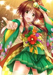Rule 34 | 10s, 1girl, :d, armpits, bare shoulders, brown eyes, brown hair, idolmaster, idolmaster cinderella girls, japanese clothes, kimono, kimono skirt, long hair, looking at viewer, ment, microphone, open mouth, pointing, pointing at viewer, skirt, smile, solo, sweat, takamori aiko, thighhighs, white thighhighs, wide sleeves