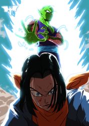 Rule 34 | 2boys, alien, andrewbatm, android 17, antennae, bald, black hair, blood, blood on face, blue eyes, colored skin, dragon ball, dragonball z, energy, fighting, fighting stance, green skin, highres, male focus, multiple boys, piccolo, veins, watermark