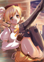 Rule 34 | 10s, 1girl, adjusting clothes, adjusting legwear, ass, bad id, bad pixiv id, beret, blonde hair, breasts, detached sleeves, drill hair, fingerless gloves, gloves, hair ornament, hat, large breasts, magical girl, mahou shoujo madoka magica, mahou shoujo madoka magica (anime), outstretched leg, piaroo, pleated skirt, shiny skin, sitting, skirt, smile, solo, striped clothes, striped thighhighs, sunset, thighhighs, thighhighs pull, tomoe mami, vertical-striped clothes, vertical-striped thighhighs, yellow eyes