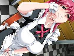Rule 34 | 00s, 1girl, apron, arm up, between legs, blush, boin, boin lecture, breasts, buttons, chair, checkered floor, collarbone, cum, facial, facing viewer, floor, frilled apron, frills, game cg, green eyes, hand between legs, hand in lap, hand up, happoubi jin, headdress, huge breasts, iihara nao, indoors, looking at viewer, maid, maid apron, maid headdress, naughty face, on chair, parted lips, pink hair, red hair, room, short sleeves, sitting, solo, teeth