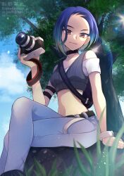 Rule 34 | 1girl, arm support, backpack, bag, belt, black bag, black belt, blue hair, brown eyes, closed mouth, cloud, commentary request, creatures (company), crossed legs, day, from below, game freak, grass, grey vest, highres, looking at viewer, midriff, nintendo, off-shoulder shirt, off shoulder, outdoors, pants, perrin (pokemon), pokemon, pokemon sv, ribbed vest, shirt, short hair, sitting, sky, solo, tree, vest, watermark, white shirt, yomogi (black-elf)