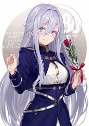 Rule 34 | 1girl, 86 -eightysix-, antenna hair, belt, blue jacket, character name, closed mouth, commentary, copyright name, cropped jacket, english text, fingernails, flower, grey eyes, grey hair, hair between eyes, hands up, happy birthday, high-waist skirt, high collar, holding, holding flower, jacket, long hair, long sleeves, looking at viewer, military jacket, military uniform, o-ring, o-ring belt, red flower, red rose, rose, shirabi, shirt, shoulder boards, skirt, smile, solo, uniform, very long hair, vladilena millize, white belt, white shirt