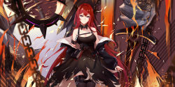 Rule 34 | 1girl, absurdres, arknights, chain, collar, demon, demon horns, demon tail, dress, highres, holding, holding weapon, horns, jacket, looking at viewer, min (120716), purple eyes, red hair, spiked collar, spikes, surtr (arknights), sword, tail, thighhighs, weapon