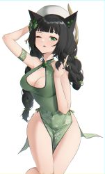 Rule 34 | 1girl, absurdres, animal ears, arm up, armband, armpits, bare legs, bare shoulders, beret, black hair, blunt bangs, braid, breasts, cat ears, china dress, chinese clothes, cleavage cutout, clothing cutout, clover, dress, four-leaf clover, gold trim, green dress, green eyes, hair ornament, hand up, hat, highres, long hair, looking at viewer, medium breasts, nail polish, no panties, one eye closed, original, parted lips, pelvic curtain, simple background, sleeveless, sleeveless dress, solo, steeb, thighs, twin braids, twintails, white background, white hat