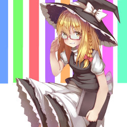 Rule 34 | 1girl, absurdres, apron, black hat, blouse, braid, commentary, cowboy shot, glasses, hat, highres, kirisame marisa, shirt, side braid, skirt, solo, touhou, v-shaped eyebrows, white shirt, witch hat, xubai