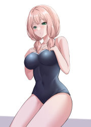 Rule 34 | 1girl, absurdres, armpit crease, bang dream!, bare arms, bare shoulders, blue one-piece swimsuit, blunt bangs, blush, breasts, collarbone, commentary request, covered navel, cowboy shot, green eyes, half-closed eyes, hands on own chest, hands up, highres, large breasts, long hair, looking at viewer, low twintails, one-piece swimsuit, parted lips, pink hair, ptal, school swimsuit, short twintails, sitting, solo, swimsuit, thighs, twintails, uehara himari, white background