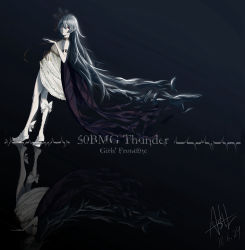 Rule 34 | 1girl, absurdres, asil, black background, blue hair, cloak, copyright name, dated, dress, from side, full body, girls&#039; frontline, highres, long hair, looking at viewer, official alternate costume, pantyhose, red eyes, reflection, shoes, simple background, solo, standing, tagme, texture, thunder (girls&#039; frontline), thunder (lenore&#039;s raven) (girls&#039; frontline), very long hair, white dress, white footwear, white pantyhose