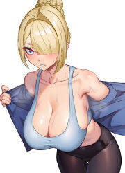 1girl absurdres bare_shoulders black_leggings blue_sports_bra blush braid breasts cleavage collarbone cowboy_shot evelyn_chevalier hair_bun hair_intakes hair_over_one_eye highres large_breasts leaning_forward leggings looking_at_viewer nicchi off_shoulder parted_lips purple_eyes simple_background single_hair_bun solo sports_bra sweat thigh_gap tsurime undressing white_background zenless_zone_zero