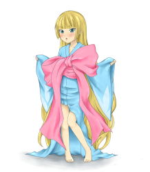 Rule 34 | 1girl, absurdly long hair, barefoot, blonde hair, blush, bow, collarbone, full body, gosick, green eyes, highres, itani senka, japanese clothes, kimono, long hair, open mouth, oversized clothes, simple background, solo, standing, tsurime, very long hair, victorica de blois, white background