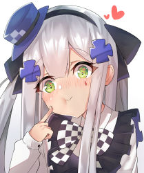 Rule 34 | 1girl, :t, apron, black apron, black bow, black hairband, blue headwear, blush, bow, checkered bow, checkered clothes, closed mouth, commentary, facial mark, finger to cheek, frilled apron, frills, girls&#039; frontline, gradient background, green eyes, grey background, grey hair, hair between eyes, hair bow, hair ornament, hairband, hat, highres, hk416 (black kitty&#039;s gift) (girls&#039; frontline), hk416 (girls&#039; frontline), long hair, long sleeves, meow nyang, mini hat, nose blush, official alternate costume, shirt, solo, spread legs, tilted headwear, two side up, upper body, white background, white shirt