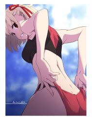 Rule 34 | 1girl, ass, black sports bra, blonde hair, blue sky, breasts, buruma, clenched teeth, cloud, commentary request, day, fingernails, from behind, hair ribbon, highres, looking at viewer, lycoris recoil, medium breasts, midriff, nii manabu, nishikigi chisato, red buruma, red eyes, red ribbon, ribbon, short hair, sky, smile, solo, sports bra, teeth, thighs