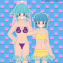 Rule 34 | 2girls, abstract, absurdres, bikini, blue background, blue hair, breasts, cleavage, colored outlines, highres, mother&#039;s day, mother and daughter, multiple girls, nishizawa momoka, nishizawa ouka, purple eyes, swimsuit, thong